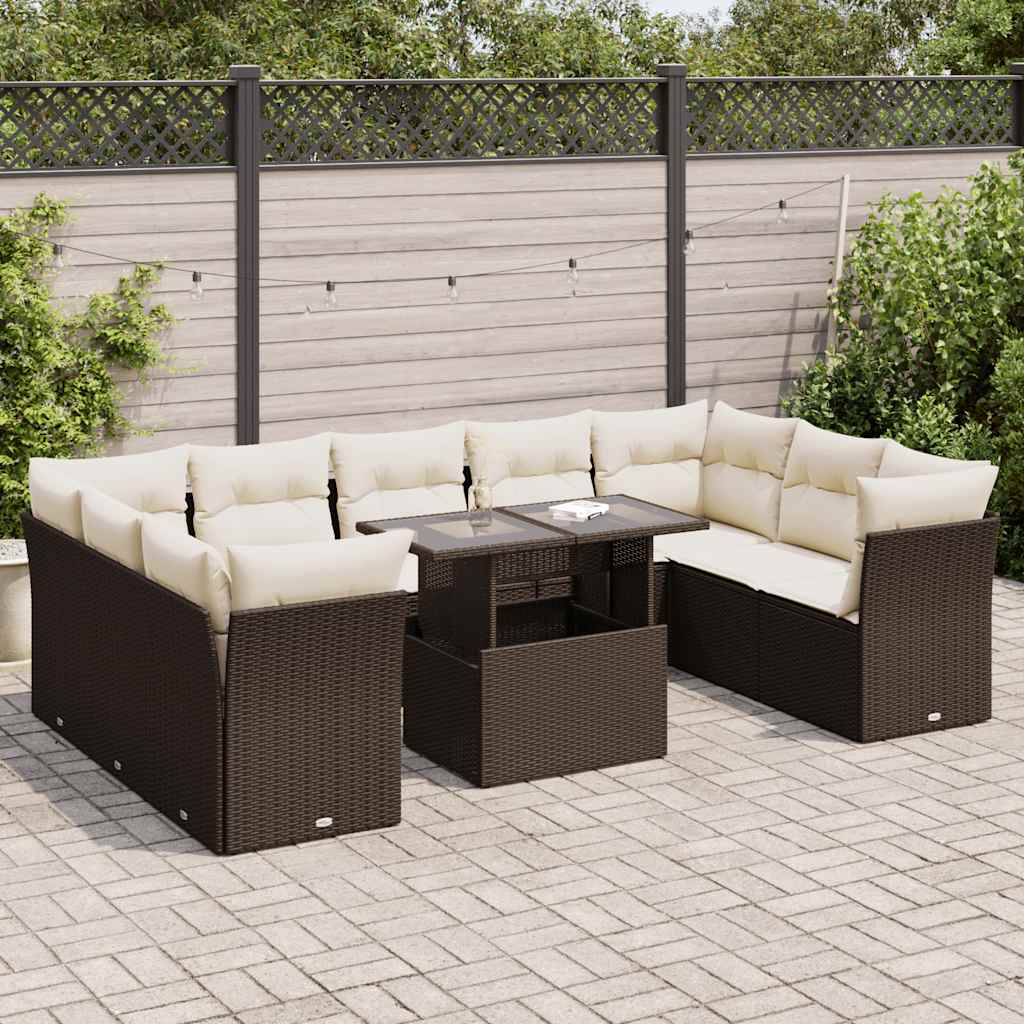 Set Divani da Giardino 10pz con Cuscini in Polyrattan Marrone