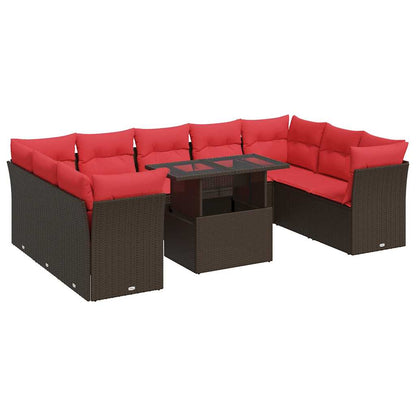 Set Divani Giardino 10 pz con Cuscini Polyrattan Marrone Acacia