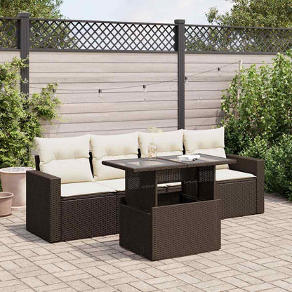 Set Divano da Giardino 5 pz con Cuscini Marrone in Polyrattan