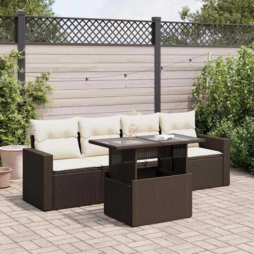Set Divano da Giardino 5 pz con Cuscini Marrone in Polyrattan