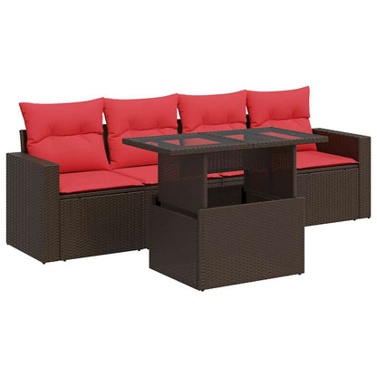 Set Divano da Giardino 5 pz Cuscini Marrone Polyrattan e Acacia