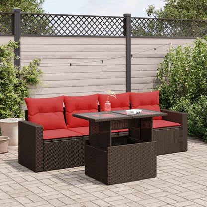 Set Divano da Giardino 5 pz Cuscini Marrone Polyrattan e Acacia