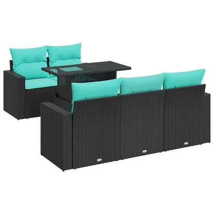 Set Divano da Giardino 6 pz con Cuscini Nero Polyrattan Acacia