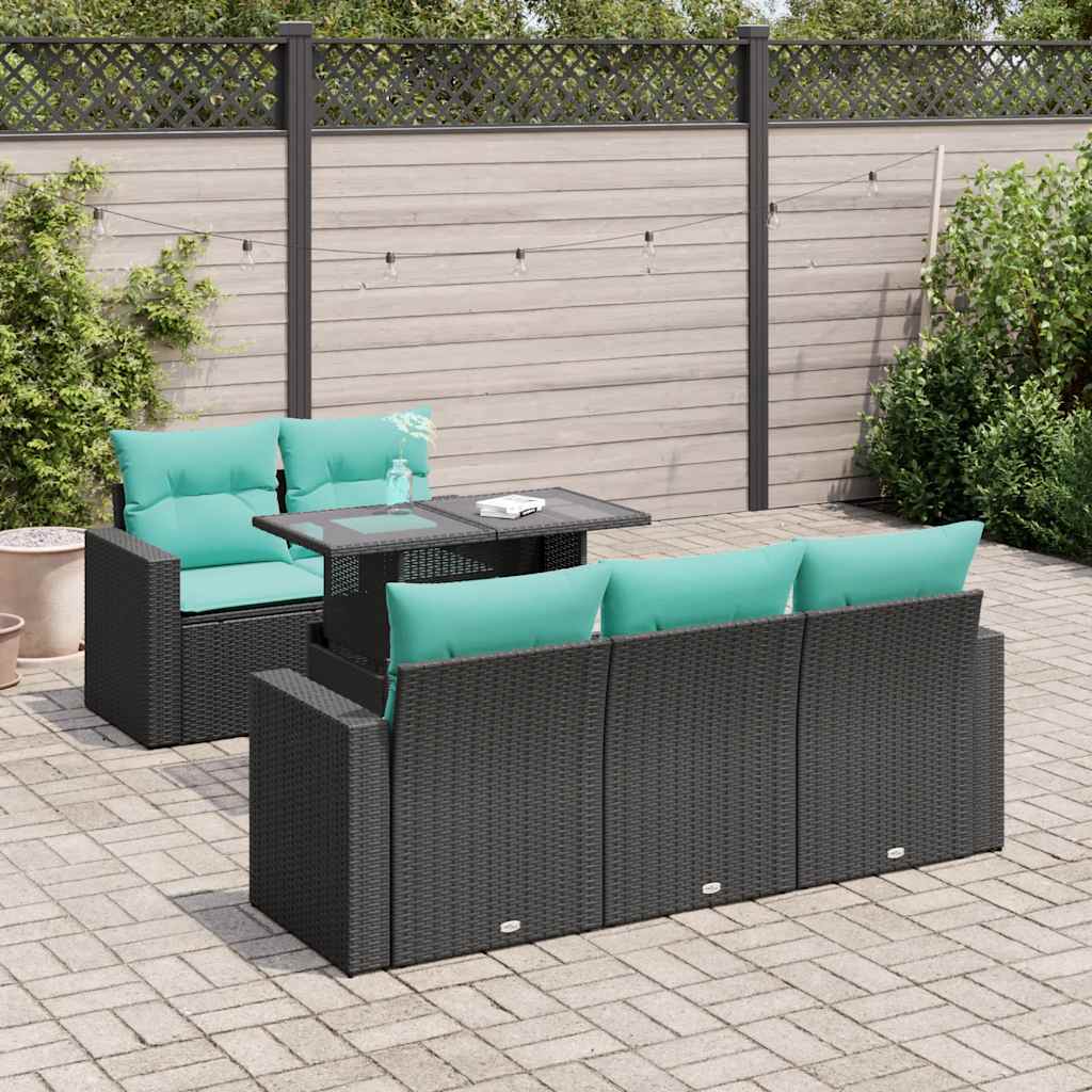 Set Divano da Giardino 6 pz con Cuscini Nero Polyrattan Acacia