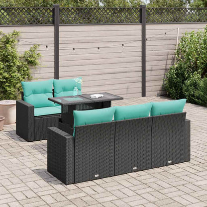 Set Divano da Giardino 6 pz con Cuscini Nero Polyrattan Acacia