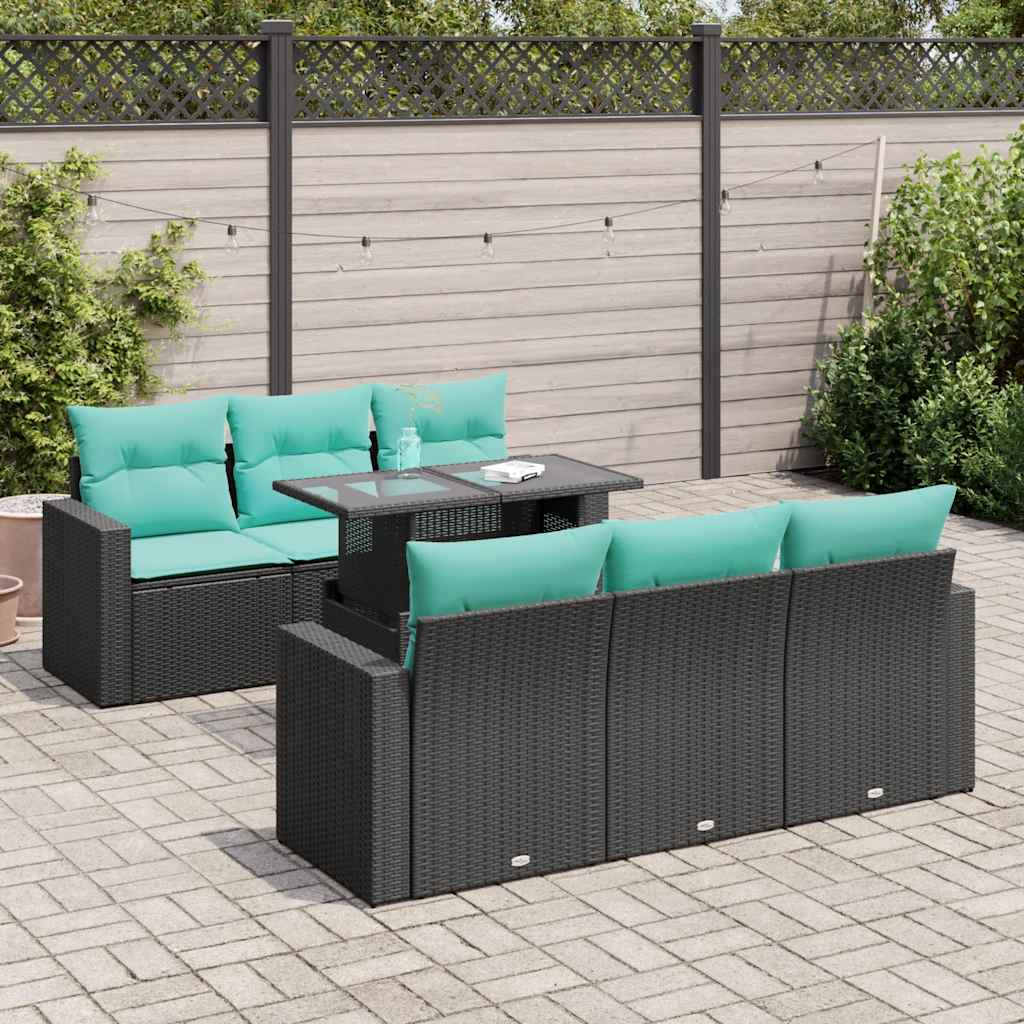 Set Divani da Giardino con Cuscini 7pz Nero Polyrattan Acacia
