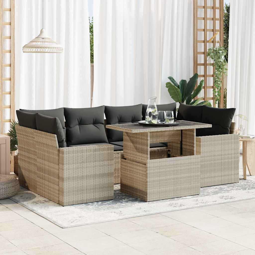 Set Divani da Giardino 7pz con Cuscini Grigio Chiaro Polyrattan