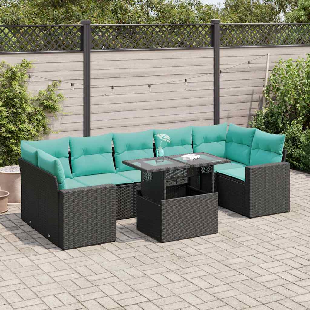 Set Divani da Giardino con Cuscini 8 pz Nero Polyrattan Acacia