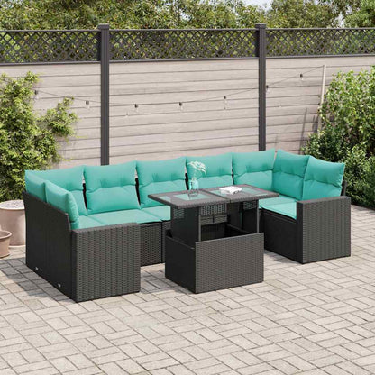 Set Divani da Giardino con Cuscini 8 pz Nero Polyrattan Acacia