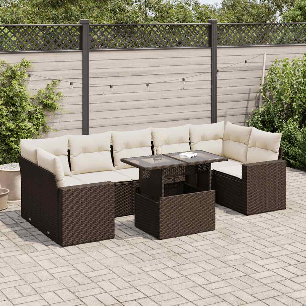 Set Divani da Giardino 8 pz con Cuscini Marrone in Polyrattan