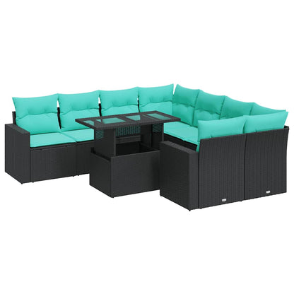 Set Divani da Giardino 9 pz con Cuscini Nero Polyrattan Acacia