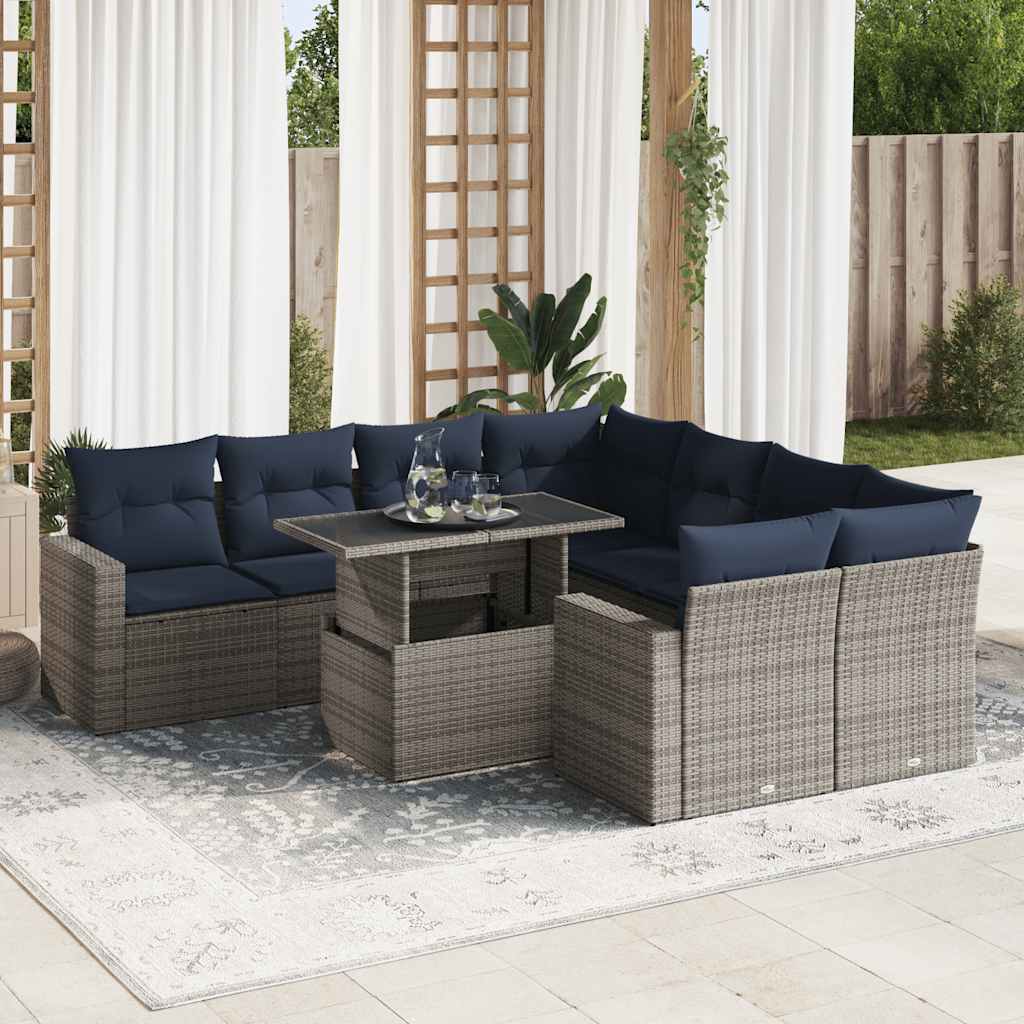 Set Divano da Giardino 9pz con Cuscini Grigio Polyrattan Acacia