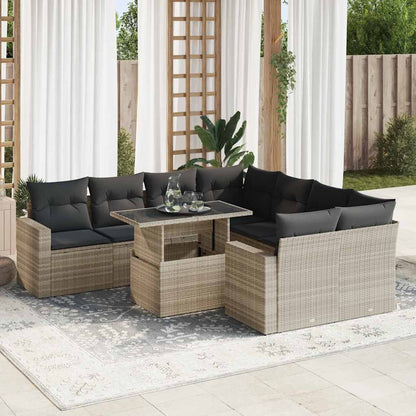 Set Divano da Giardino 9pz con Cuscini Grigio Chiaro Polyrattan