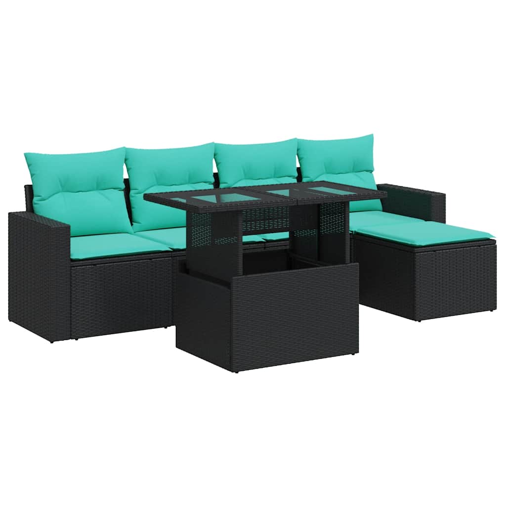 Set Divano da Giardino 6 pz con Cuscini Nero Polyrattan Acacia