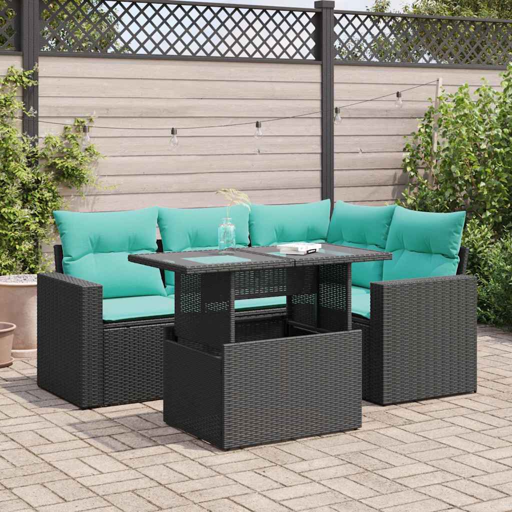 Set Divani da Giardino 5 pz con Cuscini Nero Polyrattan Acacia