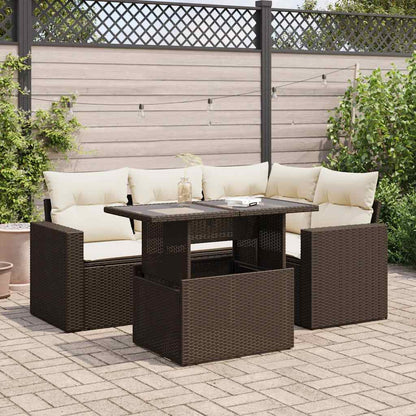 Set Divano da Giardino 5 pz con Cuscini Marrone in Polyrattan