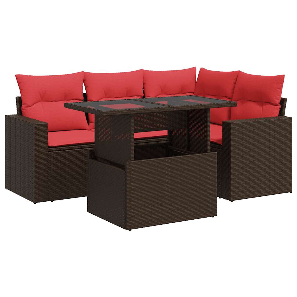 Set Divano da Giardino 5 pz Cuscini Marrone Polyrattan e Acacia