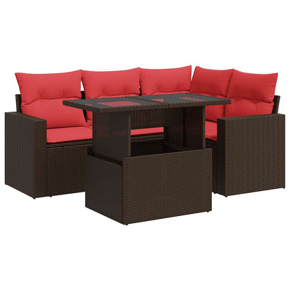 Set Divano da Giardino 5 pz Cuscini Marrone Polyrattan e Acacia