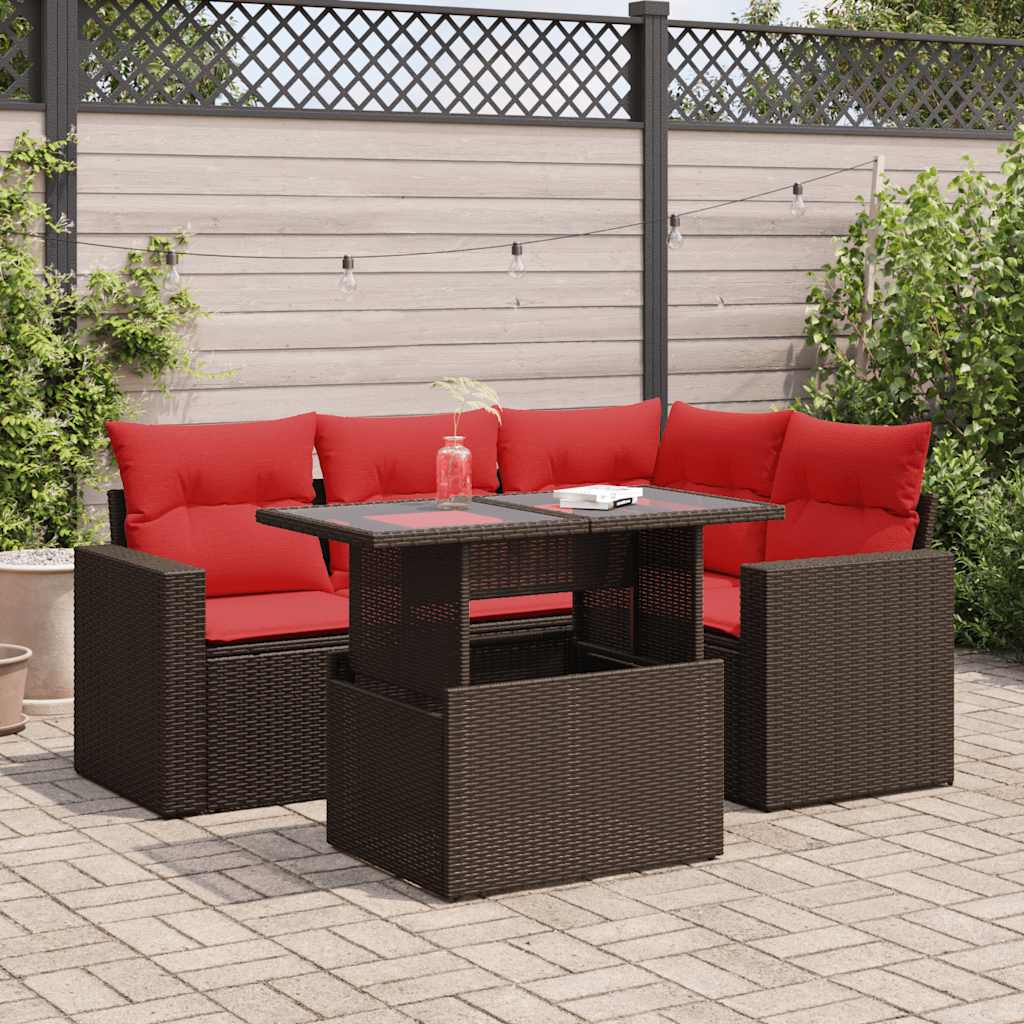 Set Divano da Giardino 5 pz Cuscini Marrone Polyrattan e Acacia
