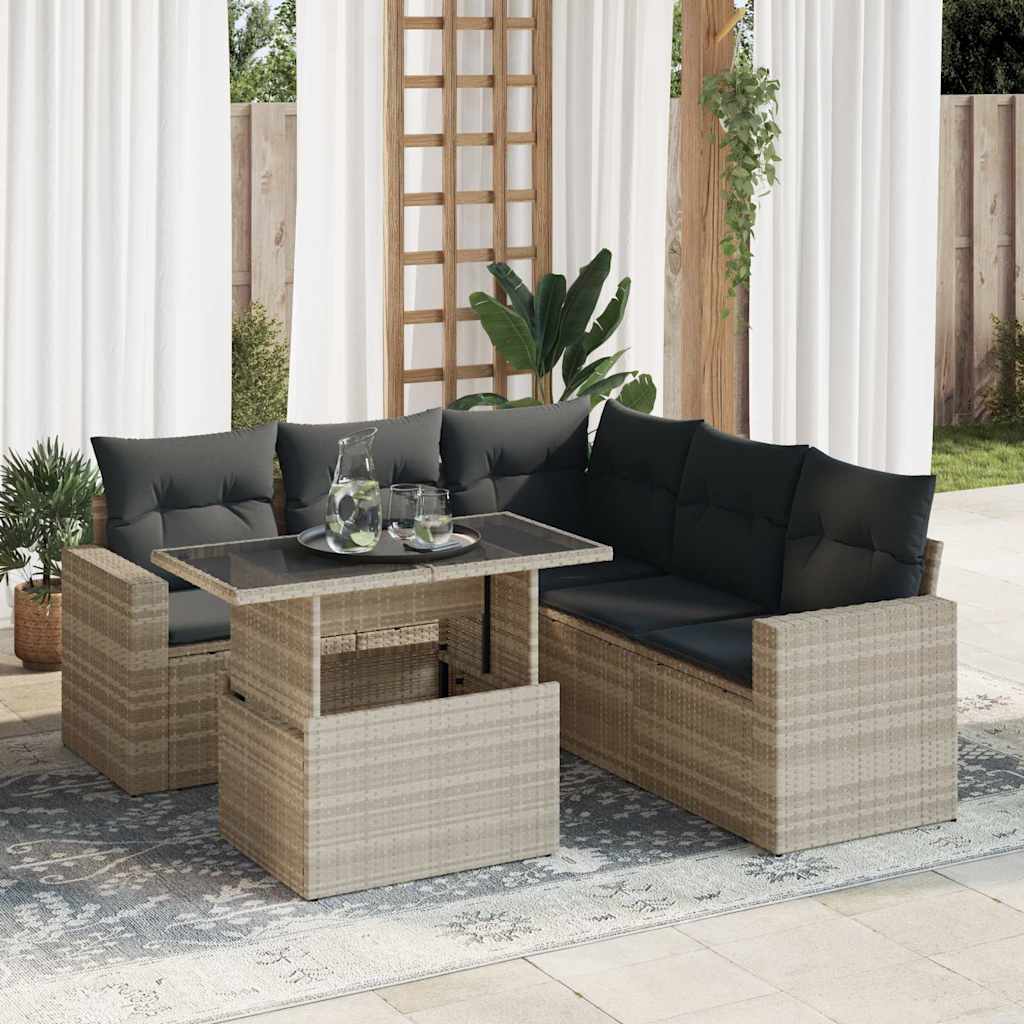 Set Divano da Giardino 6pz con Cuscini Grigio Chiaro Polyrattan