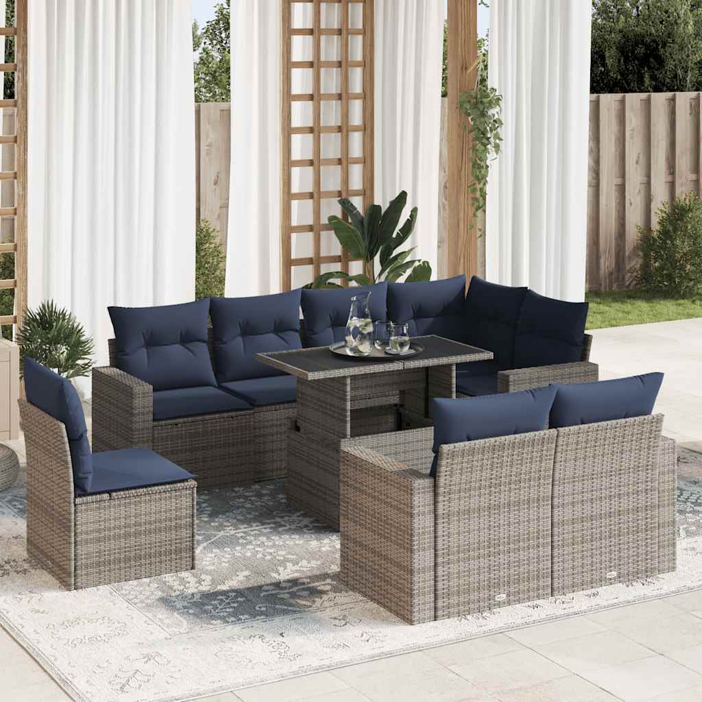 Set Divano da Giardino 9pz con Cuscini Grigio Polyrattan Acacia