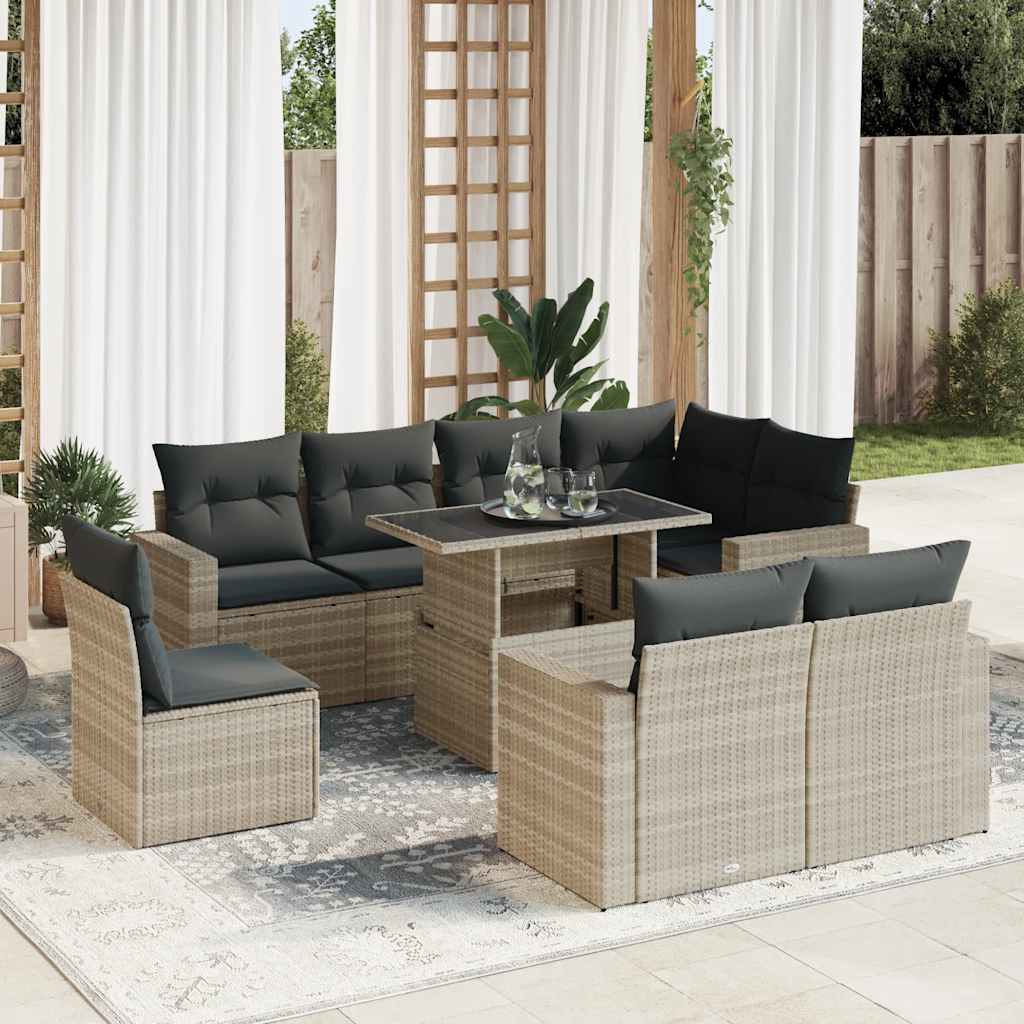Set Divano da Giardino 9pz con Cuscini Grigio Chiaro Polyrattan