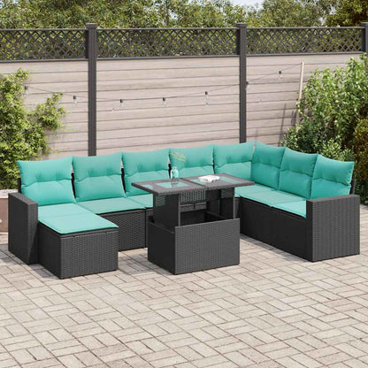 Set Divani da Giardino 9 pz con Cuscini Nero Polyrattan Acacia