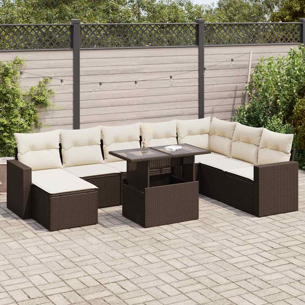 Set Divani da Giardino 9pz con Cuscini Marrone in Polyrattan