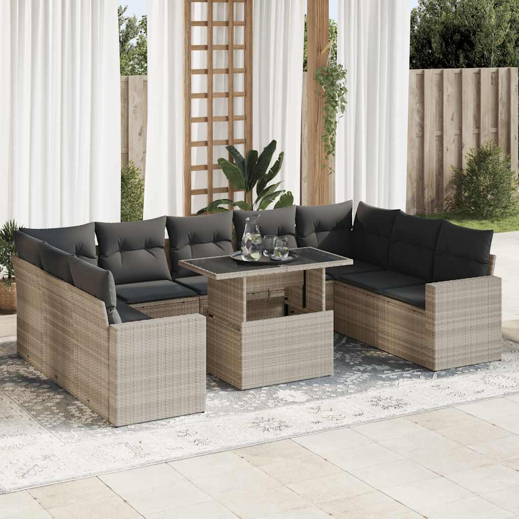 Set Divano Giardino 10 pz con Cuscini Grigio Chiaro Polyrattan