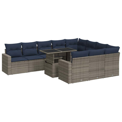 Set Divani da Giardino 11 pz con Cuscini Polyrattan Acacia Grigio