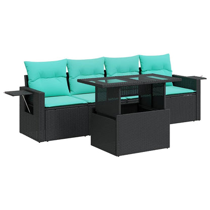 Set Divano da Giardino 5 pz Cuscini Nero Polyrattan e Acacia