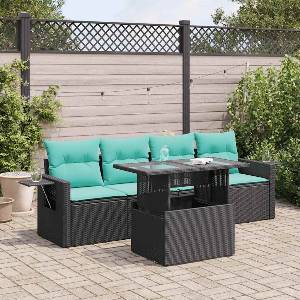 Set Divano da Giardino 5 pz Cuscini Nero Polyrattan e Acacia