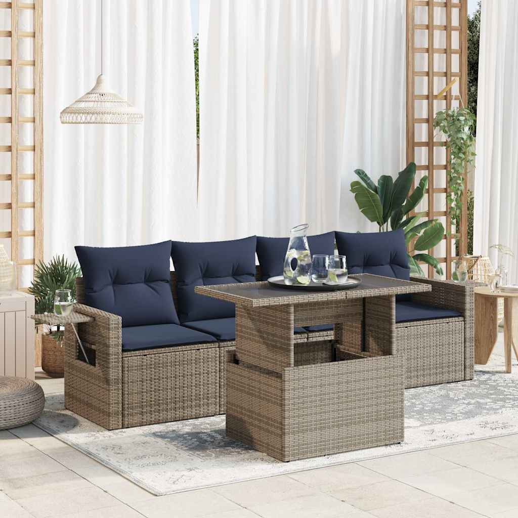 Set Divani da Giardino 5 pz con Cuscini Grigio Polyrattan