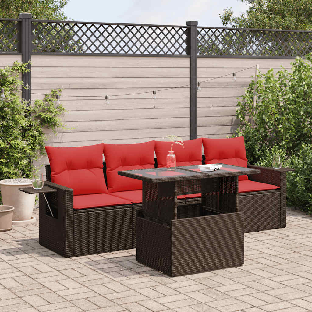 Set Divano Giardino 5 pz con Cuscini Marrone Polyrattan Acacia