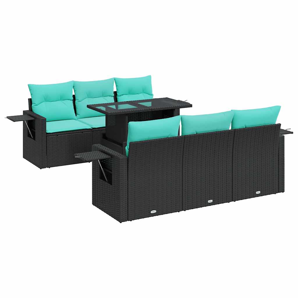 Set Divani Giardino 7 pz con Cuscini Nero Polyrattan Acacia