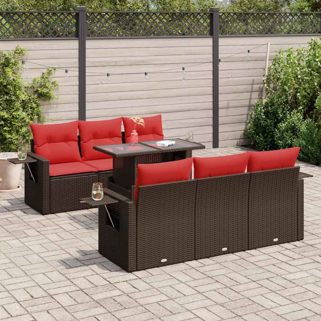 Set Divani da Giardino 7pz con Cuscini Marrone Polyrattan Acacia