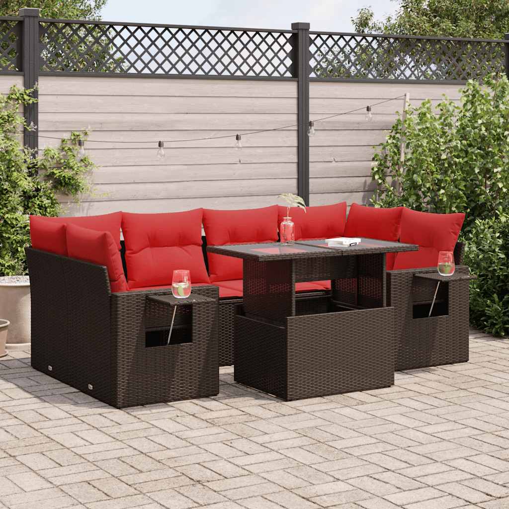 Set Divani da Giardino 7pz con Cuscini Marrone Polyrattan Acacia