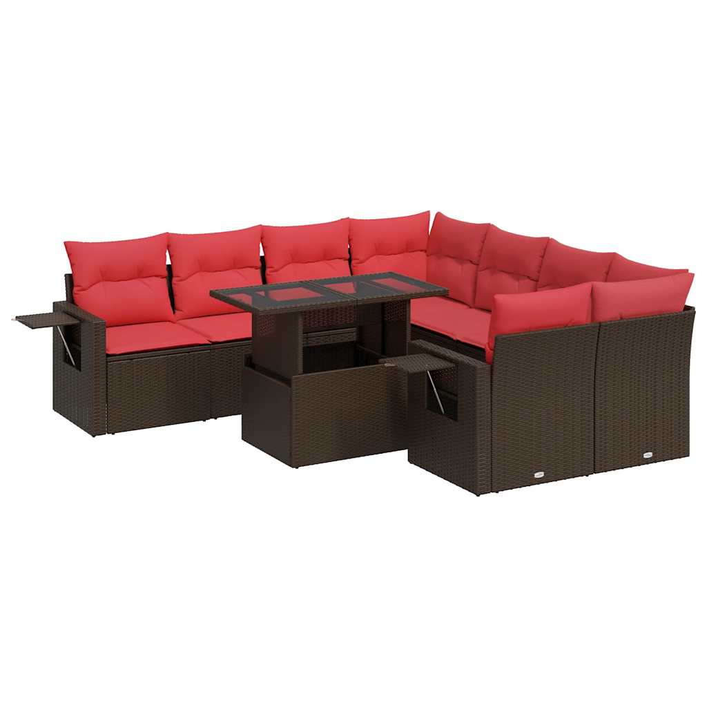 Set Divano da Giardino 9pz con Cuscini Marrone Polyrattan Acacia