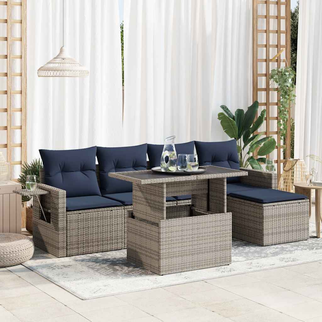 Set Divano da Giardino 6 pz con Cuscini Grigio Polyrattan Acacia
