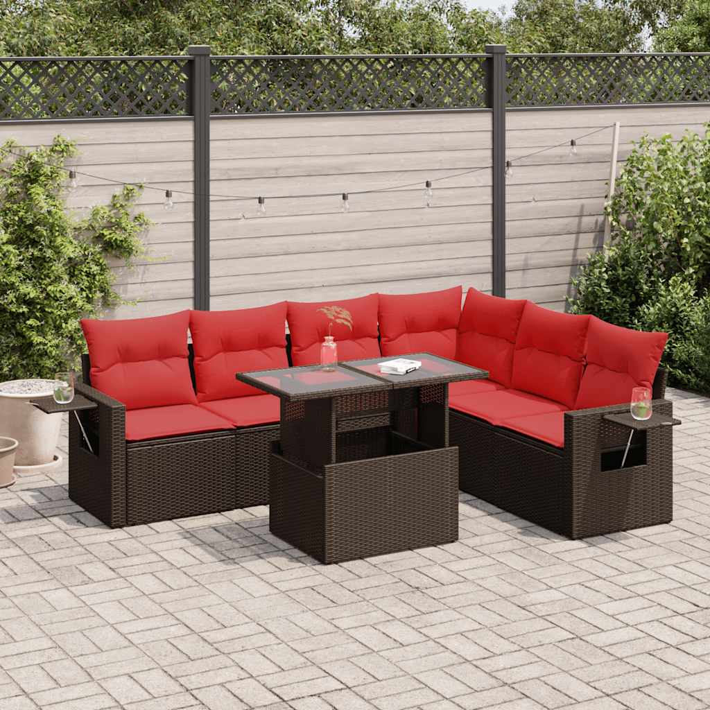 Set Divani da Giardino 7pz con Cuscini Marrone Polyrattan Acacia