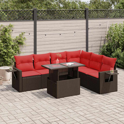 Set Divani da Giardino 7pz con Cuscini Marrone Polyrattan Acacia