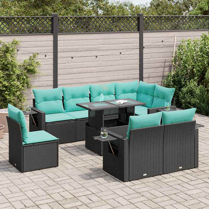Set Divani da Giardino 9 pz con Cuscini Nero Polyrattan Acacia
