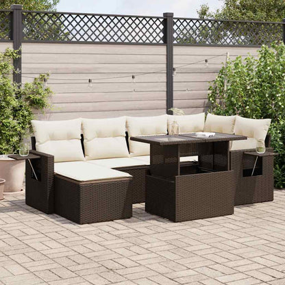 Set Divani da Giardino 7 pz con Cuscini Marrone in Polyrattan