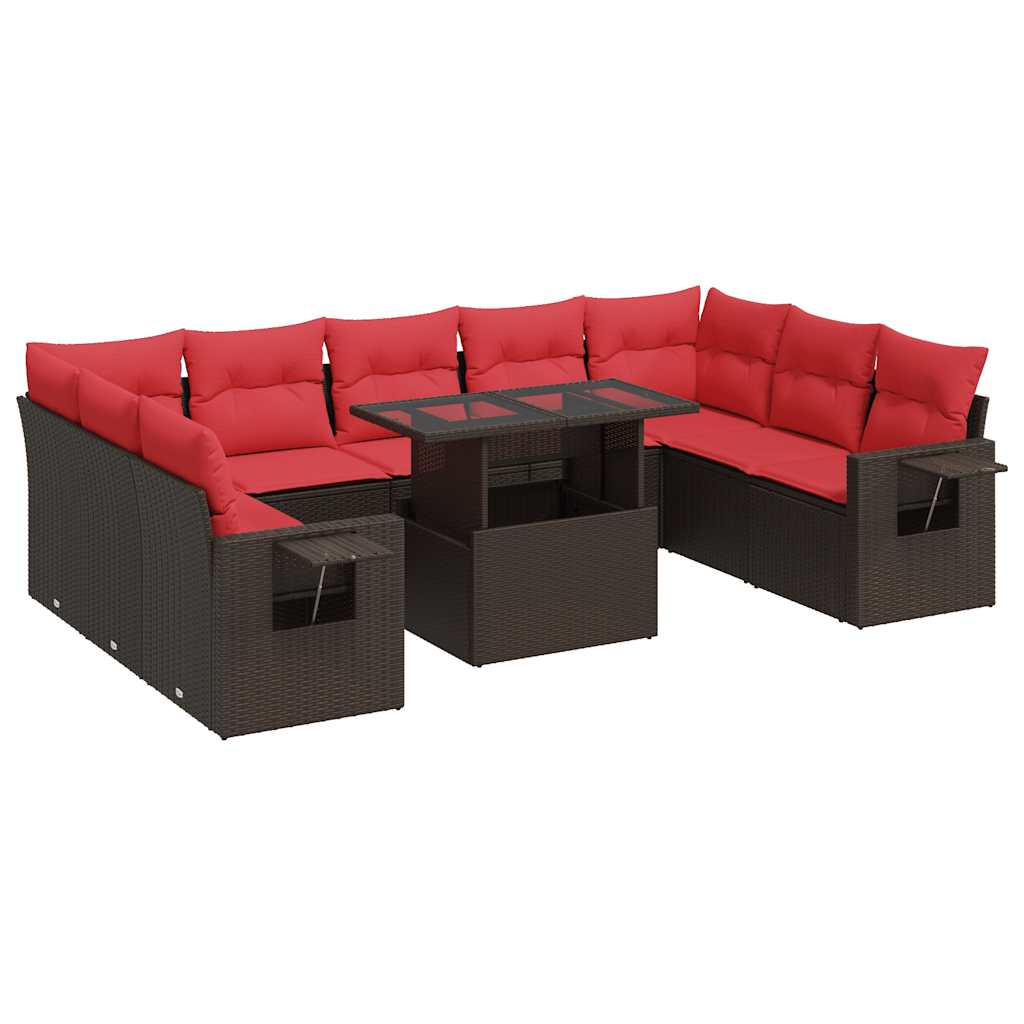 Set Divani Giardino 10 pz con Cuscini Polyrattan Marrone Acacia