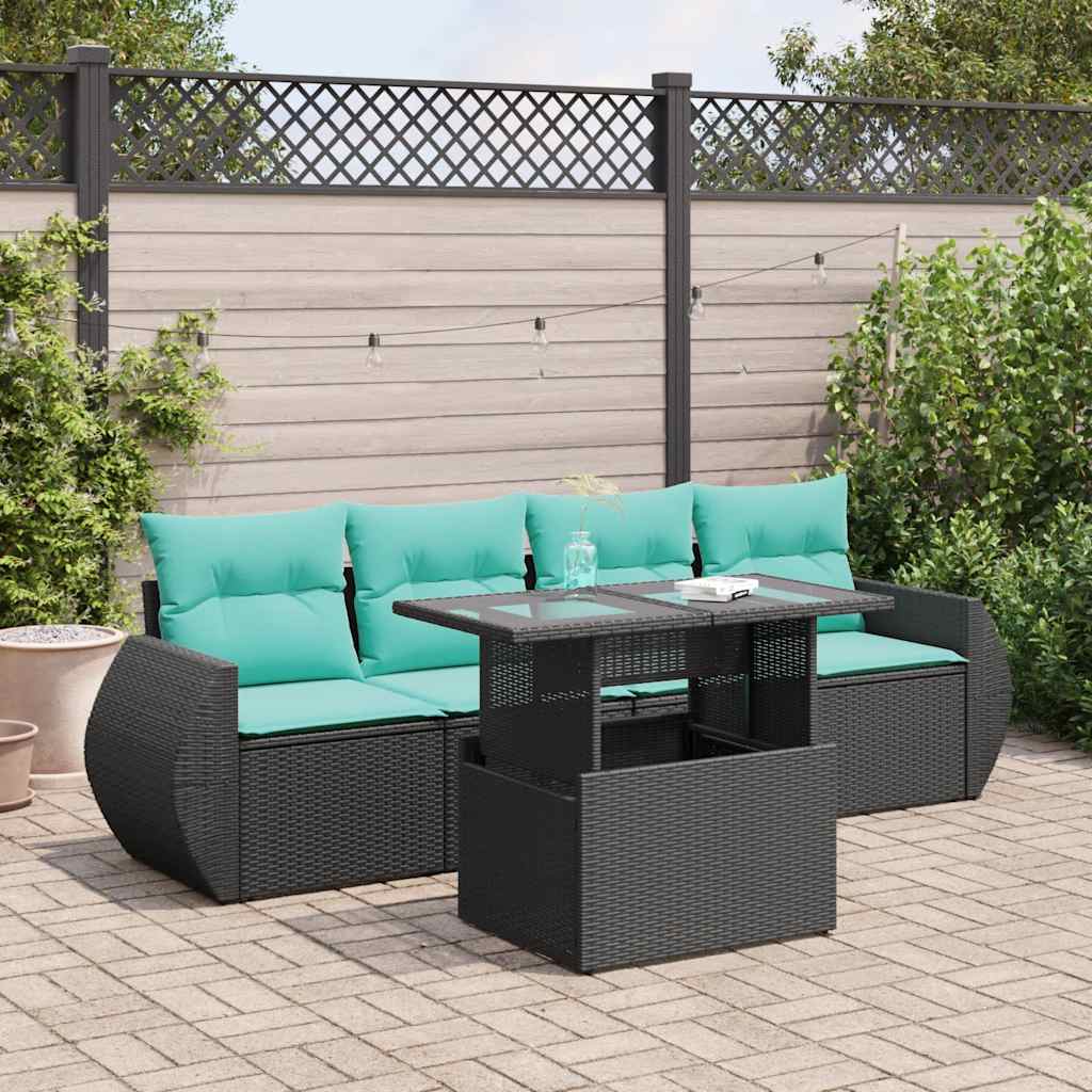 Set Divani da Giardino 5 pz con Cuscini Nero Polyrattan Acacia