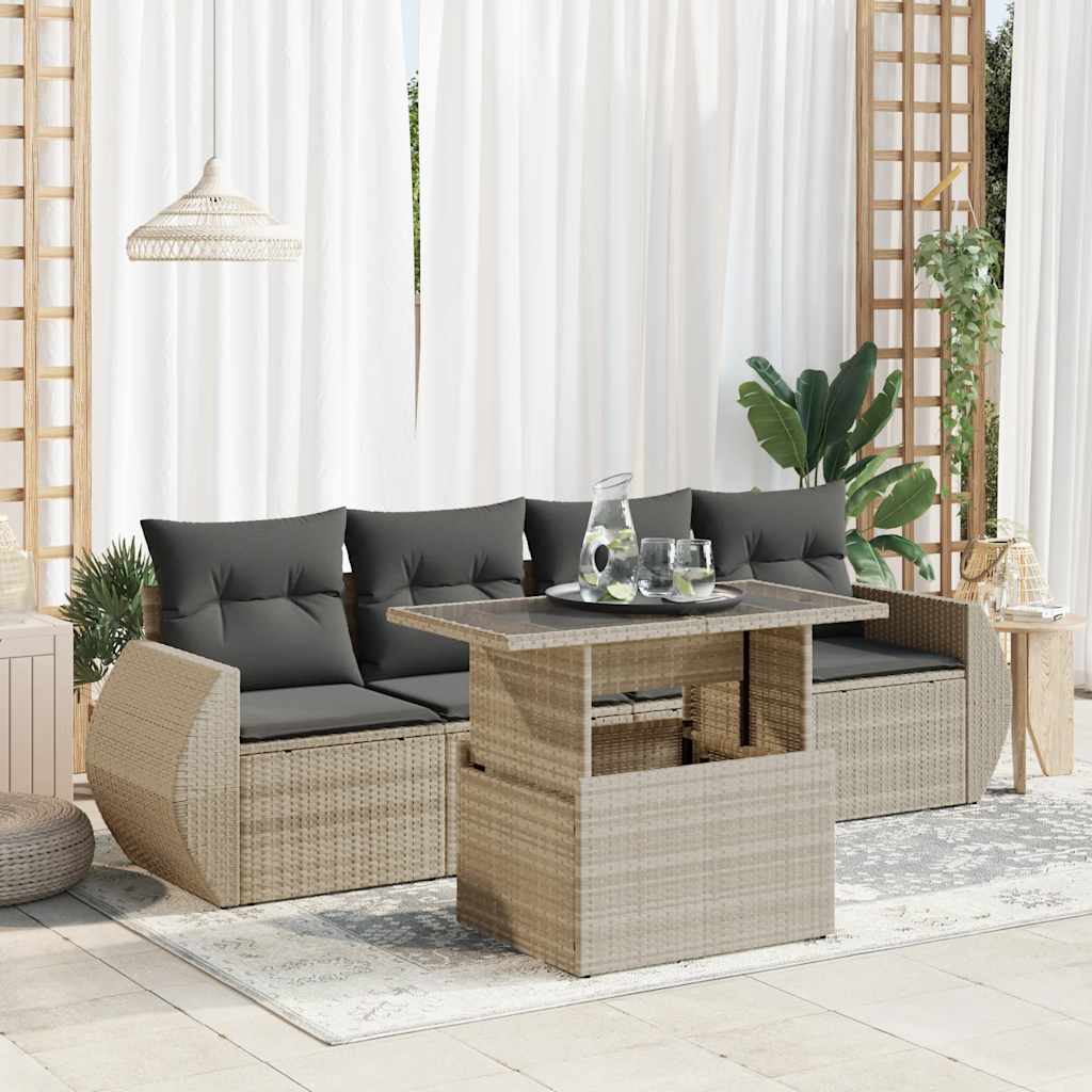 Set Divano da Giardino 5pz con Cuscini Grigio Chiaro Polyrattan