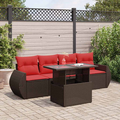Set Divano da Giardino 5 pz Cuscini Marrone Polyrattan e Acacia