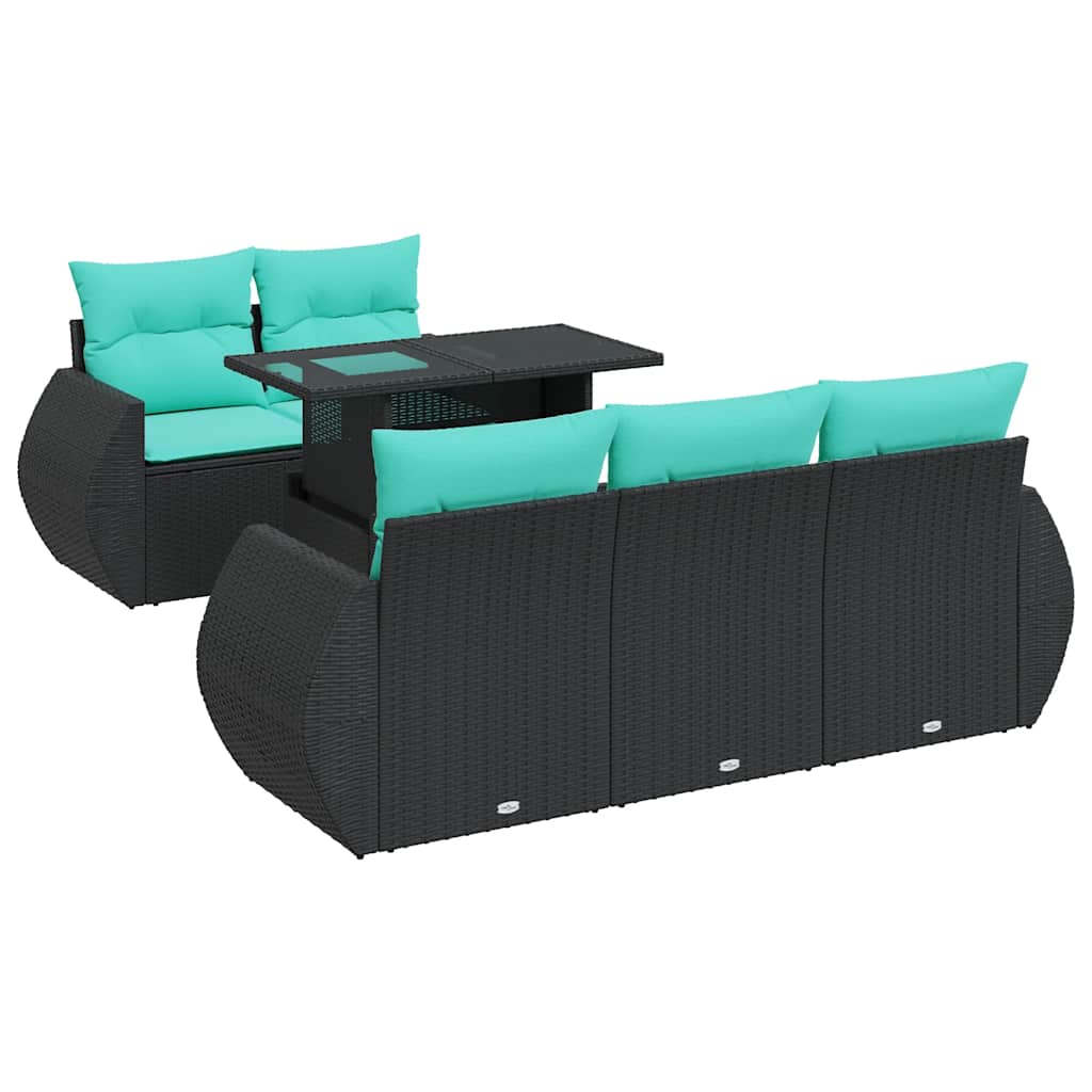 Set Divano da Giardino 6 pz con Cuscini Nero Polyrattan Acacia