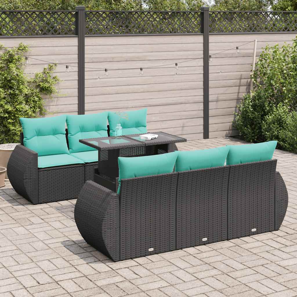 Set Divani da Giardino con Cuscini 7pz Nero Polyrattan Acacia