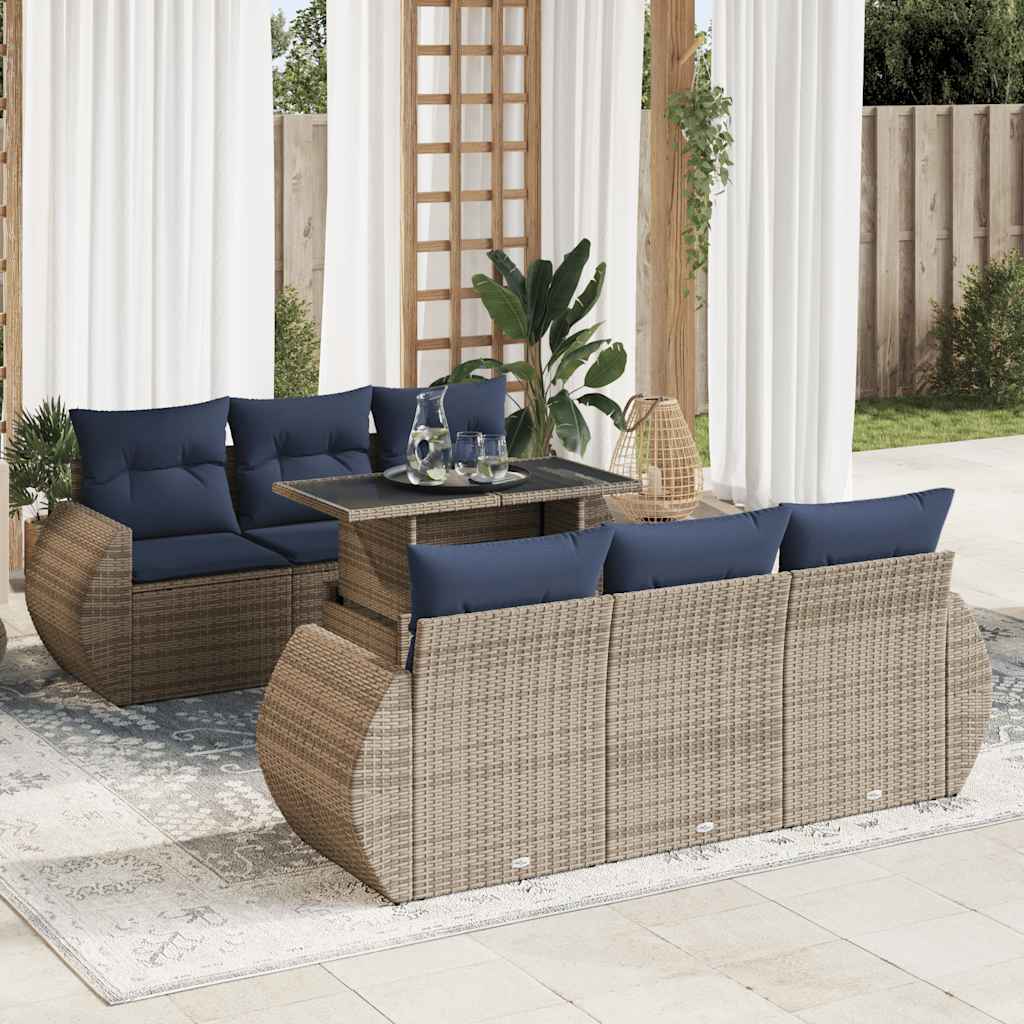 Set Divani da Giardino 7pz con Cuscini Grigio Polyrattan Acacia